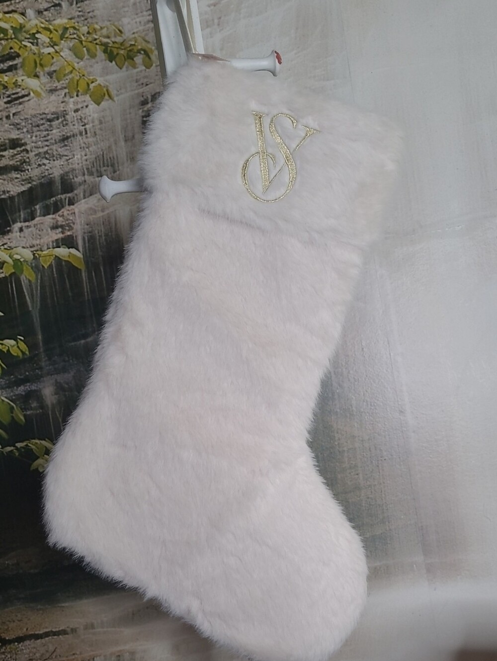 New! Victoria's Secret Off White Faux Fur Holiday Stocking Gold VS Embroidery